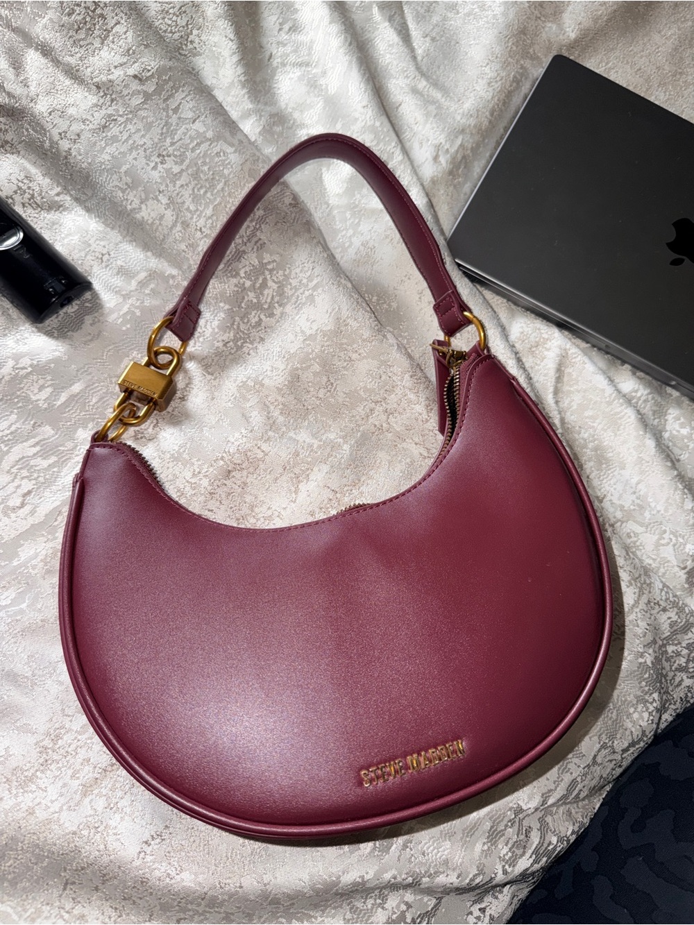 Steve Madden Crescent Shoulder Bag in Burgundy with Gold Hardware